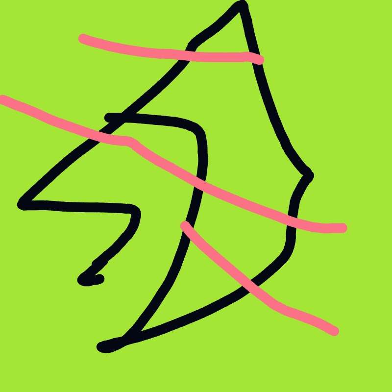 A drawing of a bird on a green background with a pink line through it